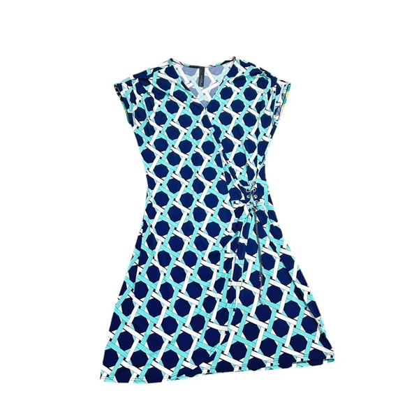 Yetts los Angeles Geometric Print Jersey Wrap Dress gunmetal chain detail 10 - Picture 2 of 9